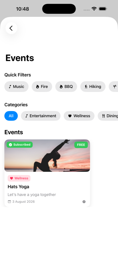 Hospity events screen with quick filters, categories and an upcoming wellness yoga event with a photo