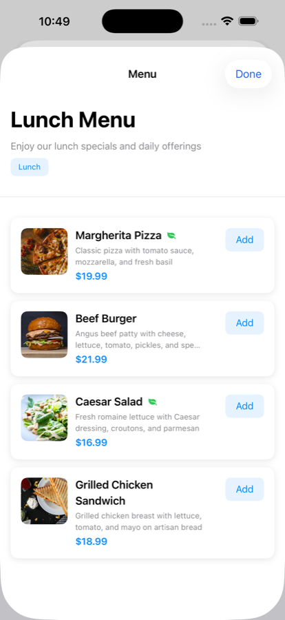 Hospity lunch menu screen with photos, descriptions, prices and an Add button for each dish