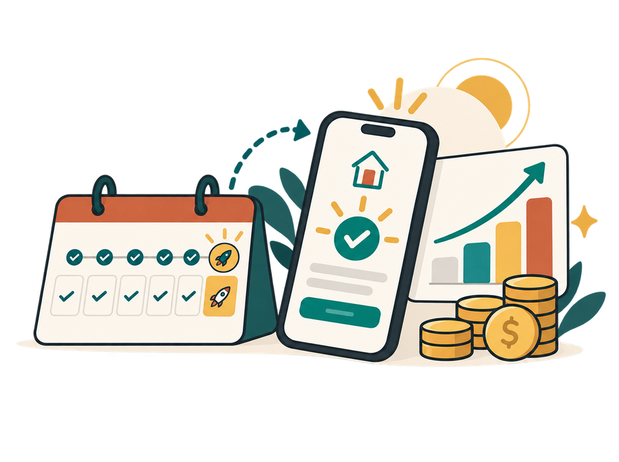 A calendar showing go-live within a week and revenue rising right after.